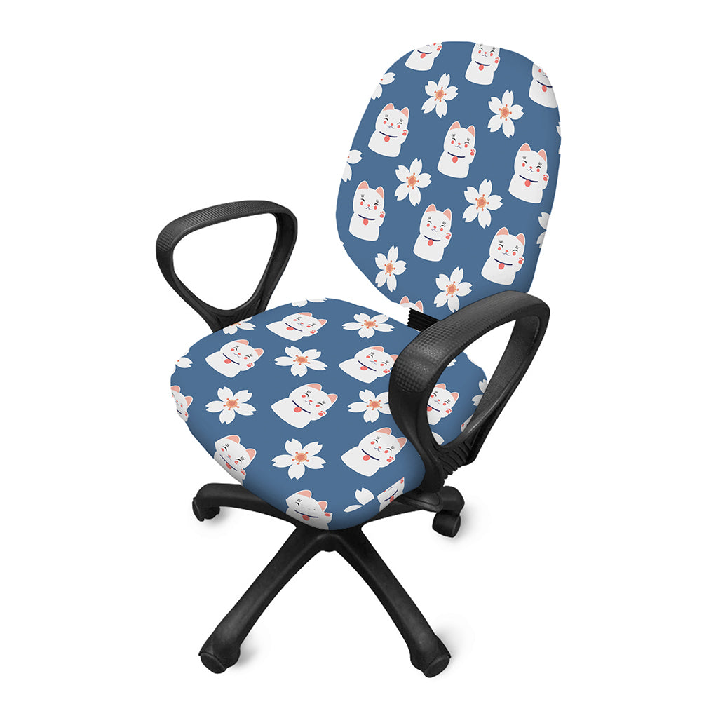Japanese Lucky Cat And Sakura Print Office Chair Cover