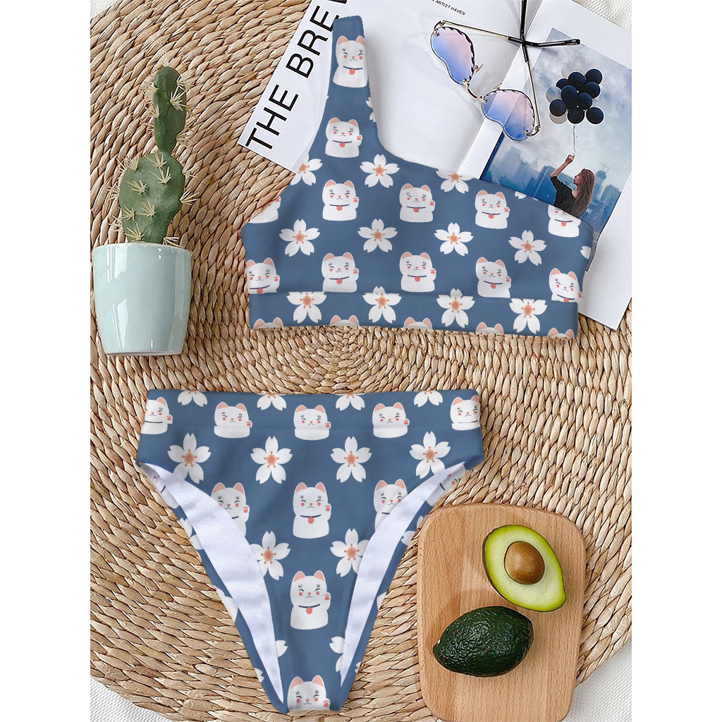 Japanese Lucky Cat And Sakura Print One Shoulder Bikini Top