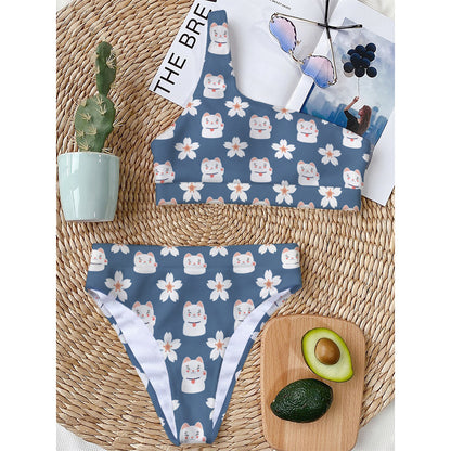 Japanese Lucky Cat And Sakura Print One Shoulder Bikini Top