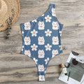 Japanese Lucky Cat And Sakura Print One Shoulder Bodysuit