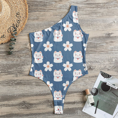 Japanese Lucky Cat And Sakura Print One Shoulder Bodysuit