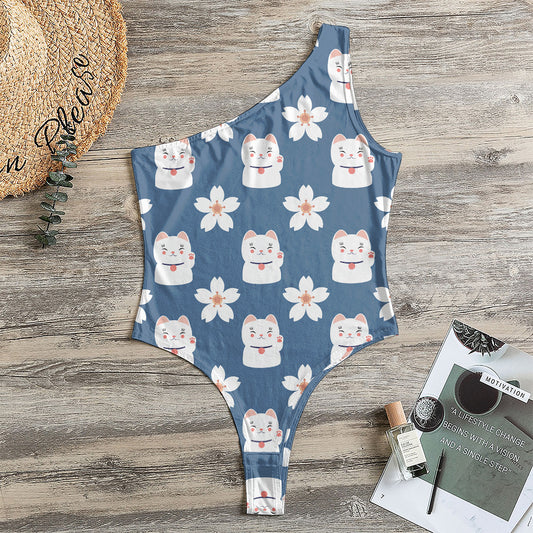 Japanese Lucky Cat And Sakura Print One Shoulder Bodysuit