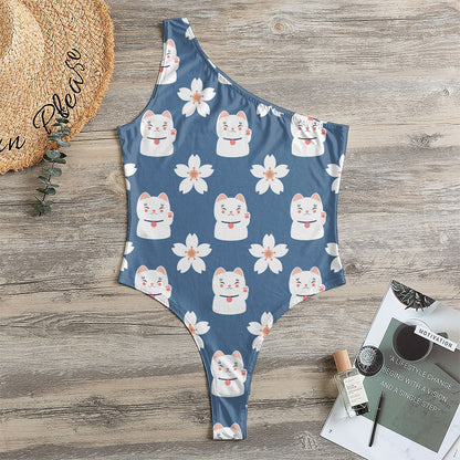 Japanese Lucky Cat And Sakura Print One Shoulder Bodysuit