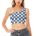 Japanese Lucky Cat And Sakura Print One Shoulder Crop Top