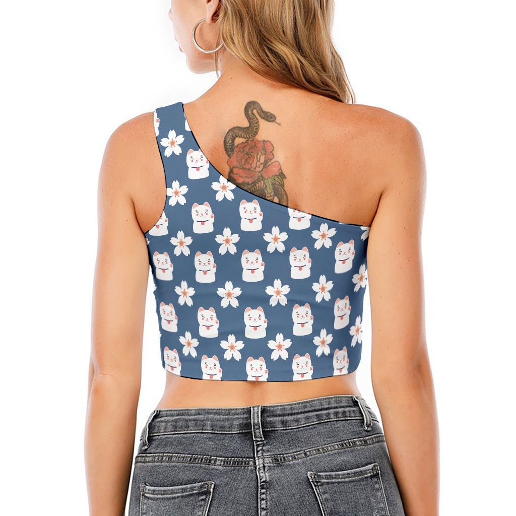 Japanese Lucky Cat And Sakura Print One Shoulder Crop Top