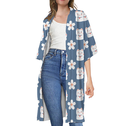 Japanese Lucky Cat And Sakura Print Open Front Beach Cover Up