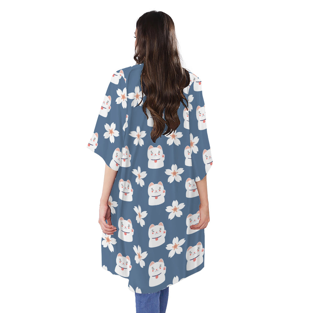 Japanese Lucky Cat And Sakura Print Open Front Beach Cover Up