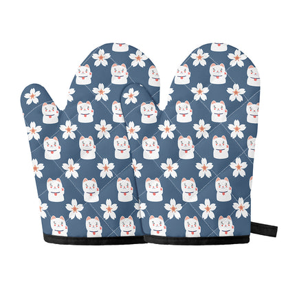 Japanese Lucky Cat And Sakura Print Oven Mitts