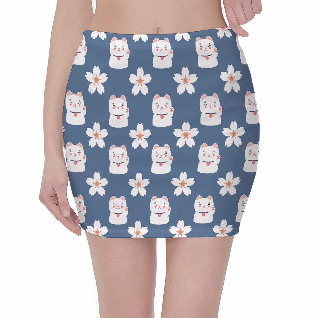 Japanese Lucky Cat And Sakura Print Pencil Mini Skirt
