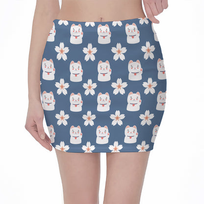 Japanese Lucky Cat And Sakura Print Pencil Mini Skirt