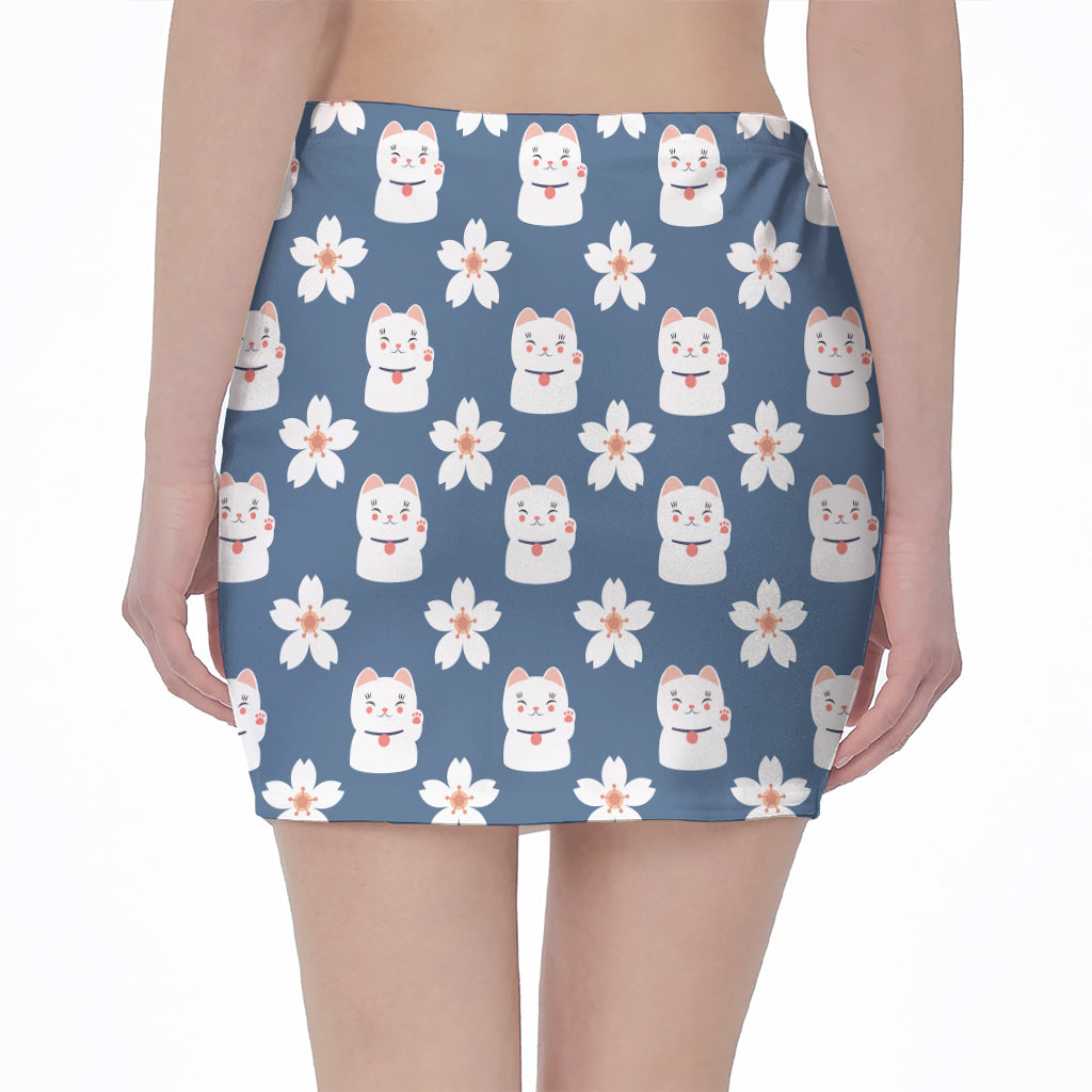 Japanese Lucky Cat And Sakura Print Pencil Mini Skirt