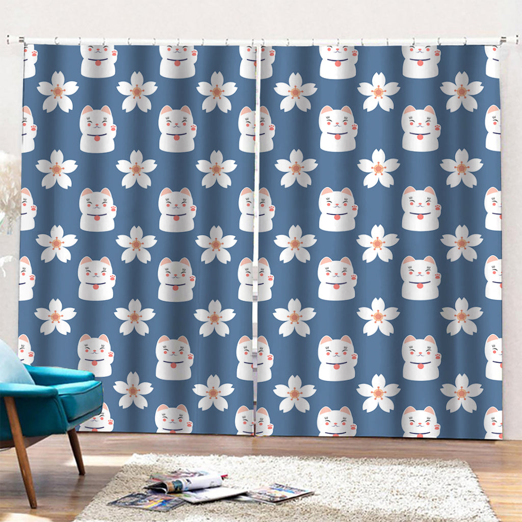Japanese Lucky Cat And Sakura Print Pencil Pleat Curtains