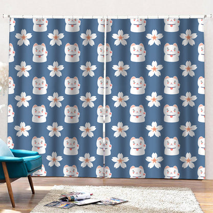 Japanese Lucky Cat And Sakura Print Pencil Pleat Curtains