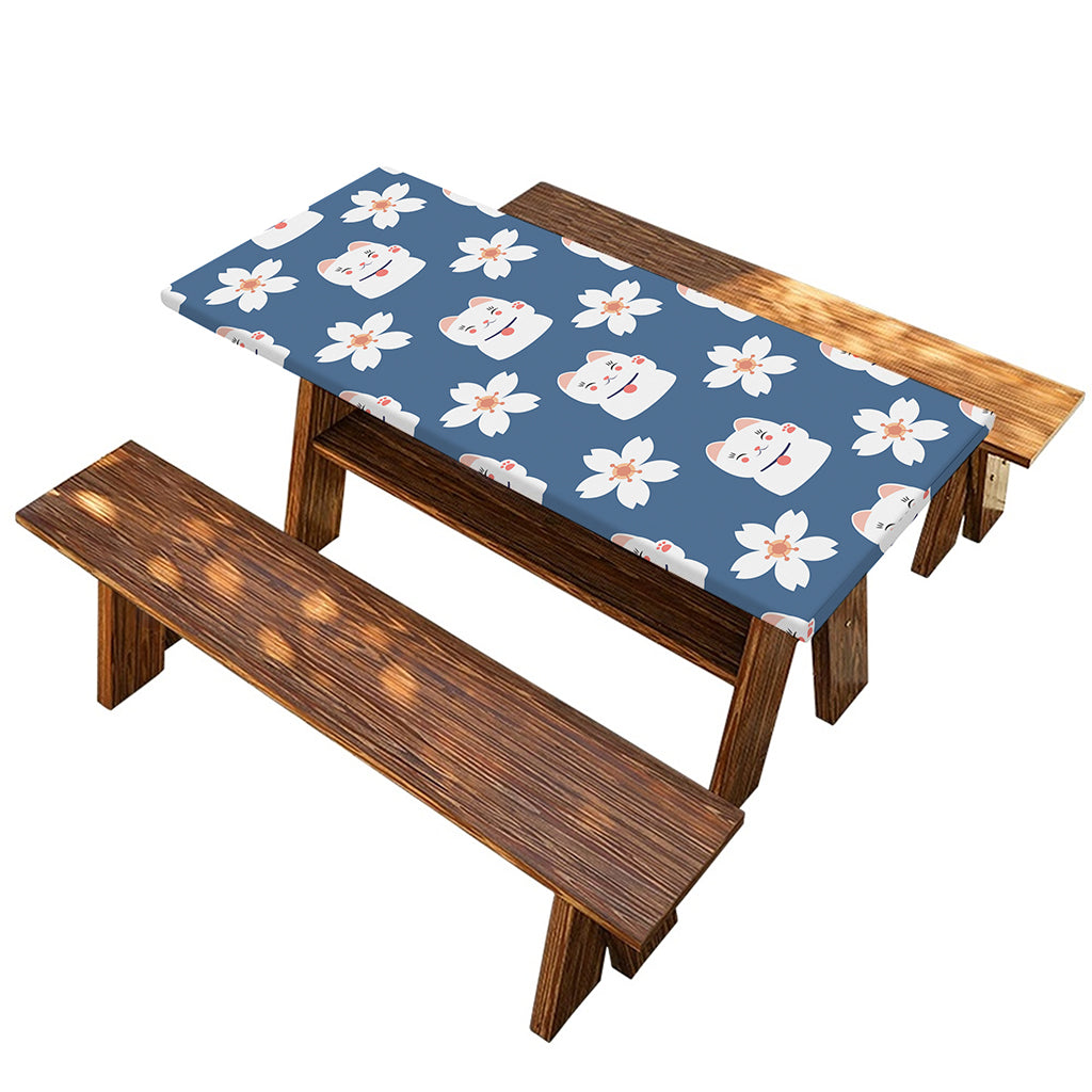 Japanese Lucky Cat And Sakura Print Picnic Table Cover