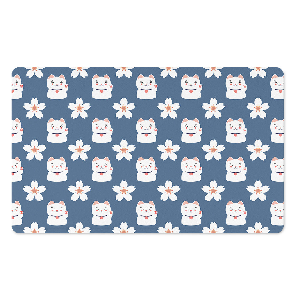 Japanese Lucky Cat And Sakura Print Polyester Doormat