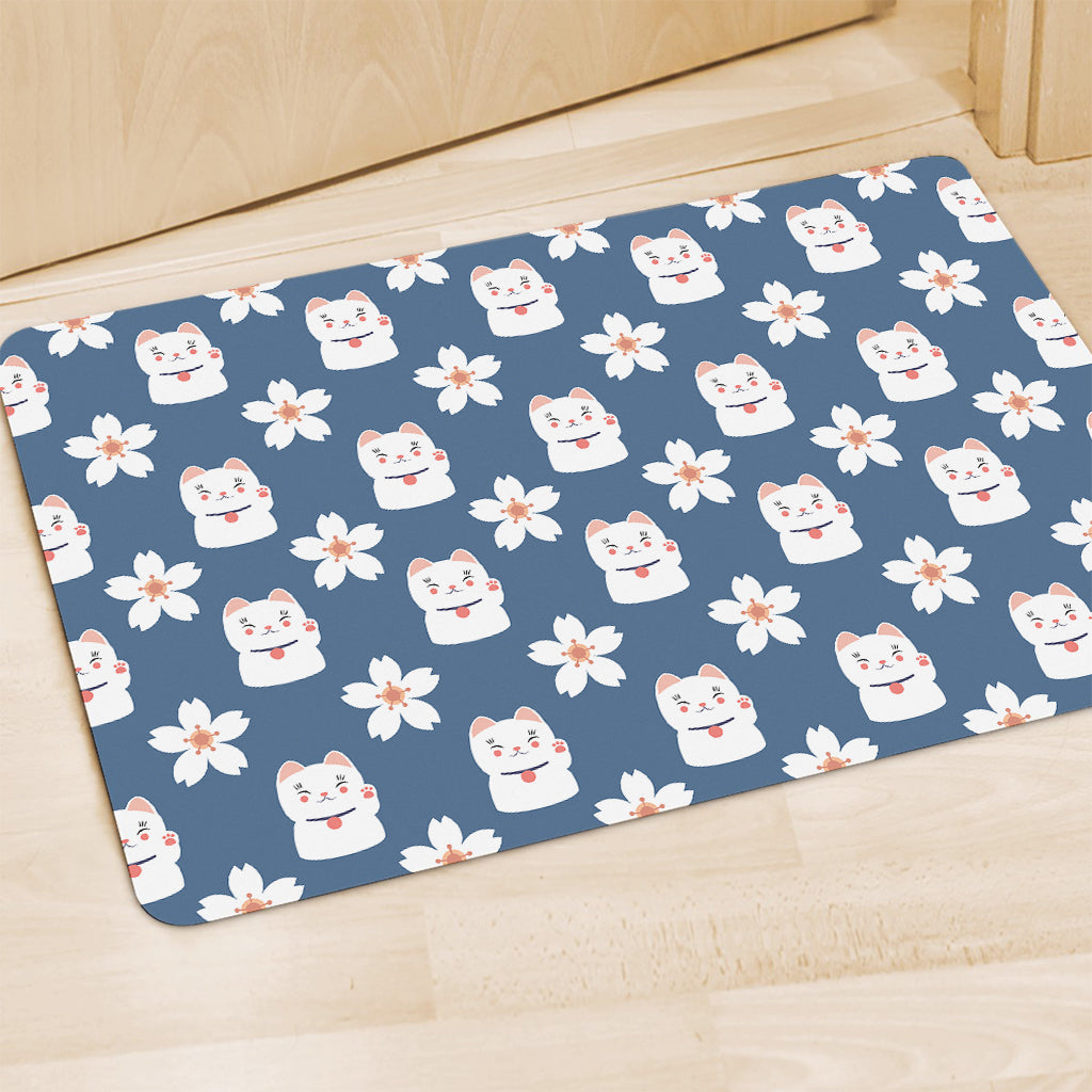 Japanese Lucky Cat And Sakura Print Polyester Doormat