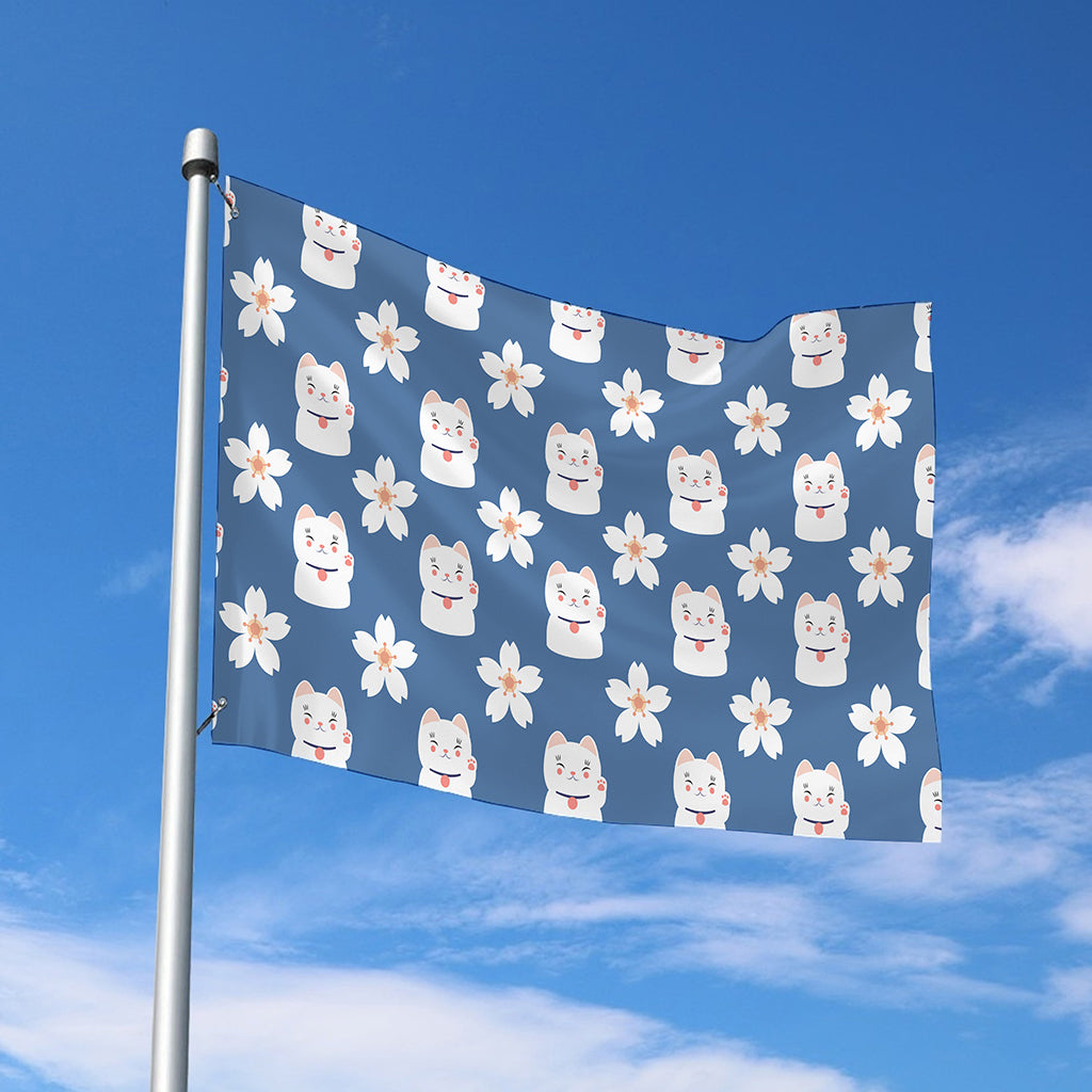Japanese Lucky Cat And Sakura Print Polyester Flag