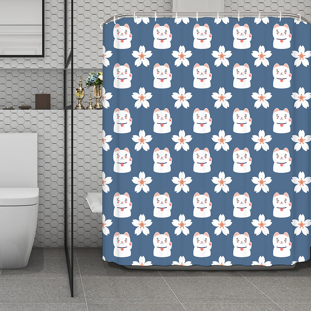 Japanese Lucky Cat And Sakura Print Polyester Shower Curtain