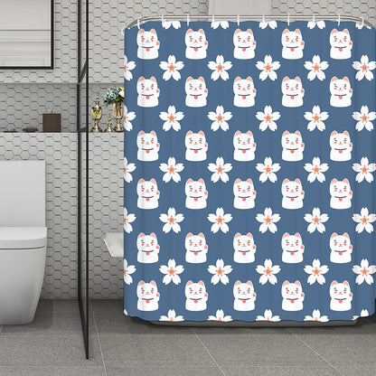 Japanese Lucky Cat And Sakura Print Polyester Shower Curtain