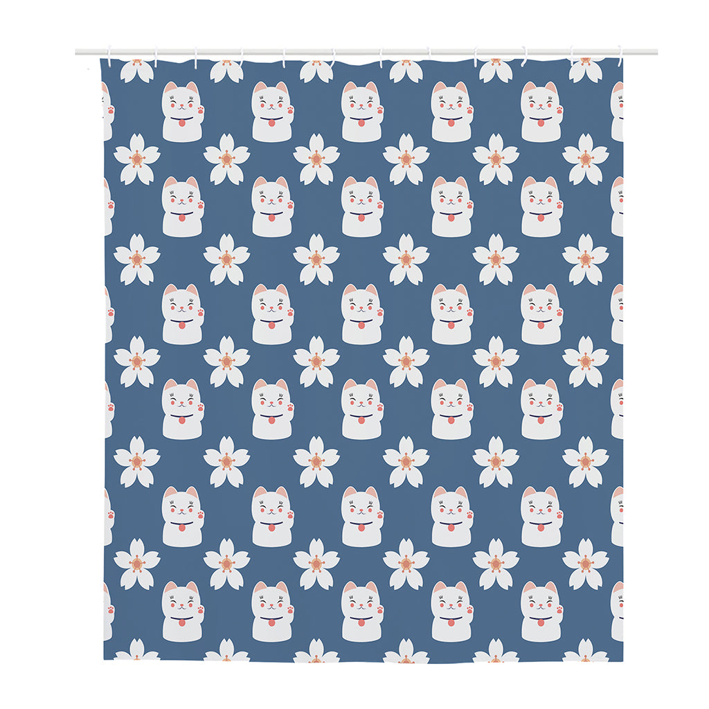 Japanese Lucky Cat And Sakura Print Polyester Shower Curtain