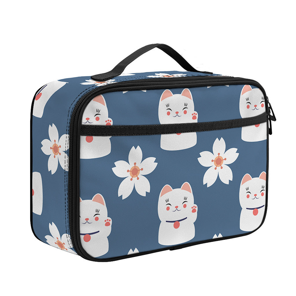 Japanese Lucky Cat And Sakura Print Portable Lunch Bag