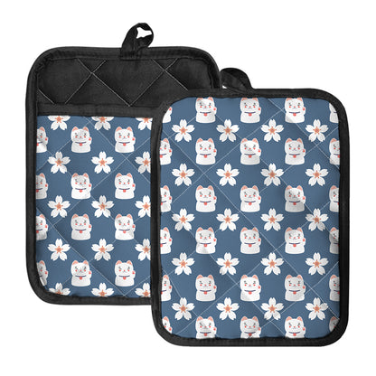 Japanese Lucky Cat And Sakura Print Pot Holders With Pocket