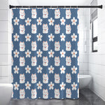 Japanese Lucky Cat And Sakura Print Premium Shower Curtain