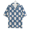 Japanese Lucky Cat And Sakura Print Rayon Hawaiian Shirt