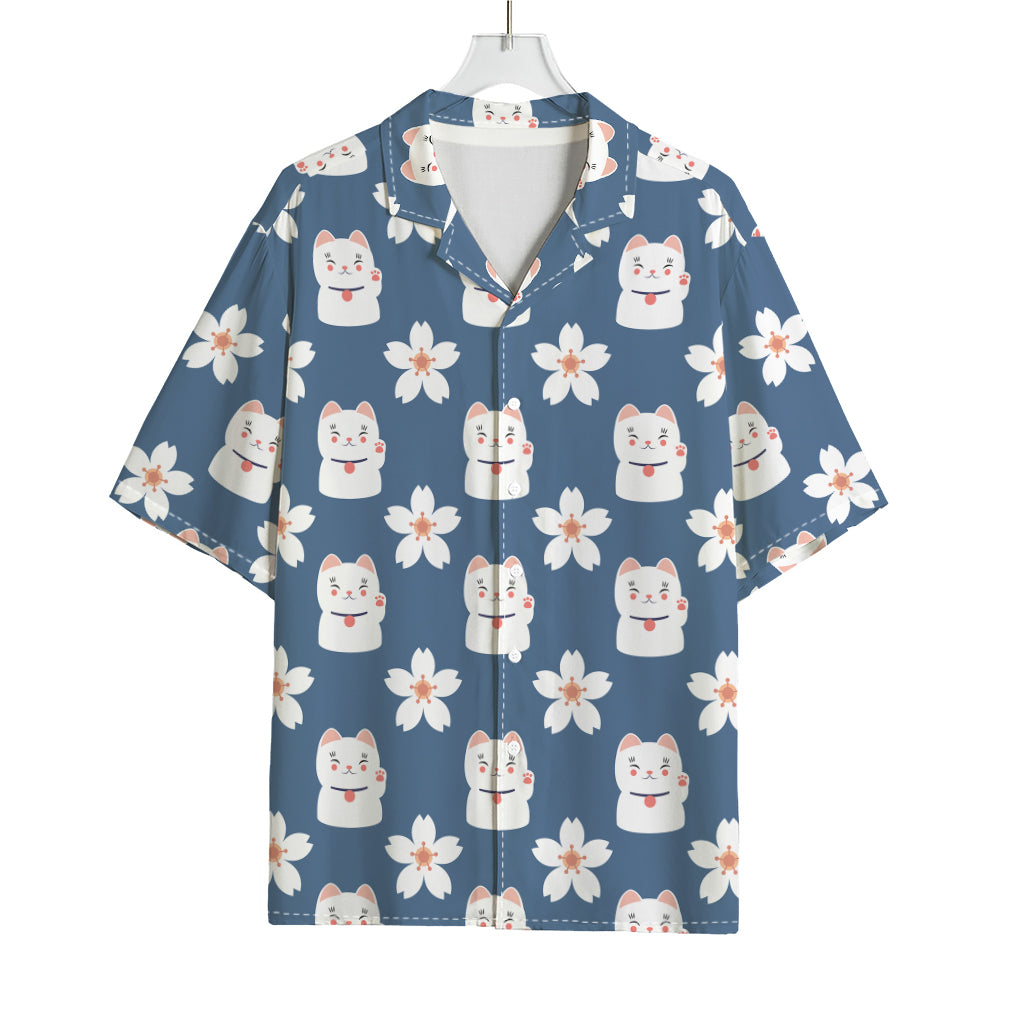 Japanese Lucky Cat And Sakura Print Rayon Hawaiian Shirt