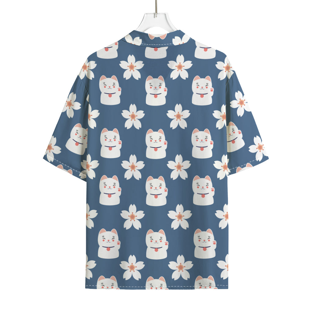 Japanese Lucky Cat And Sakura Print Rayon Hawaiian Shirt
