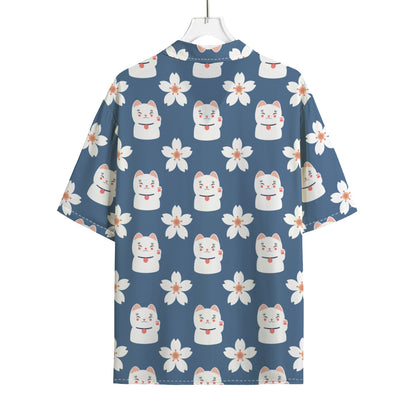 Japanese Lucky Cat And Sakura Print Rayon Hawaiian Shirt