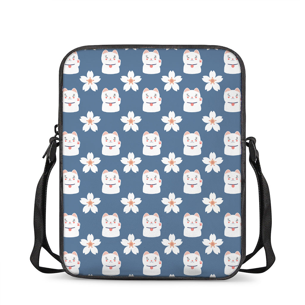 Japanese Lucky Cat And Sakura Print Rectangular Crossbody Bag