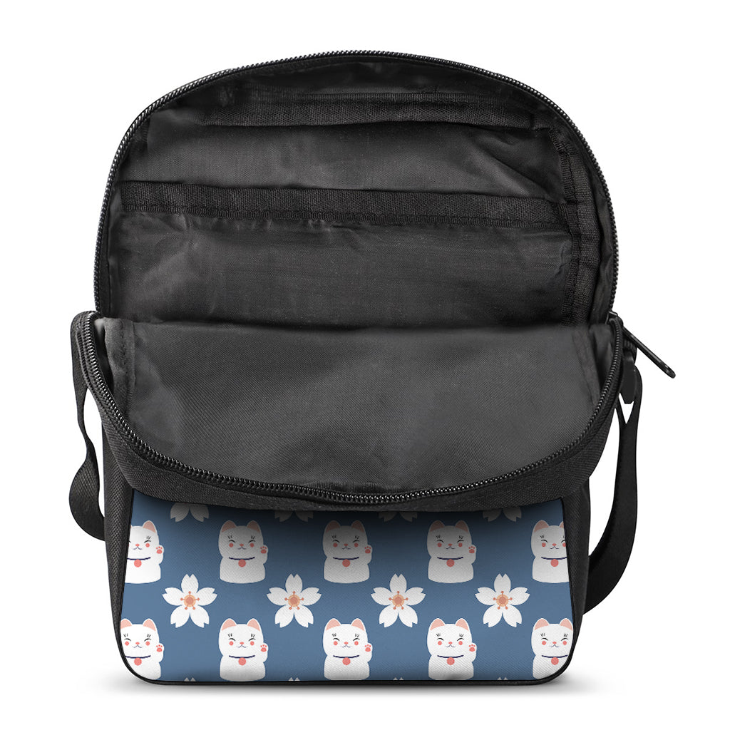 Japanese Lucky Cat And Sakura Print Rectangular Crossbody Bag