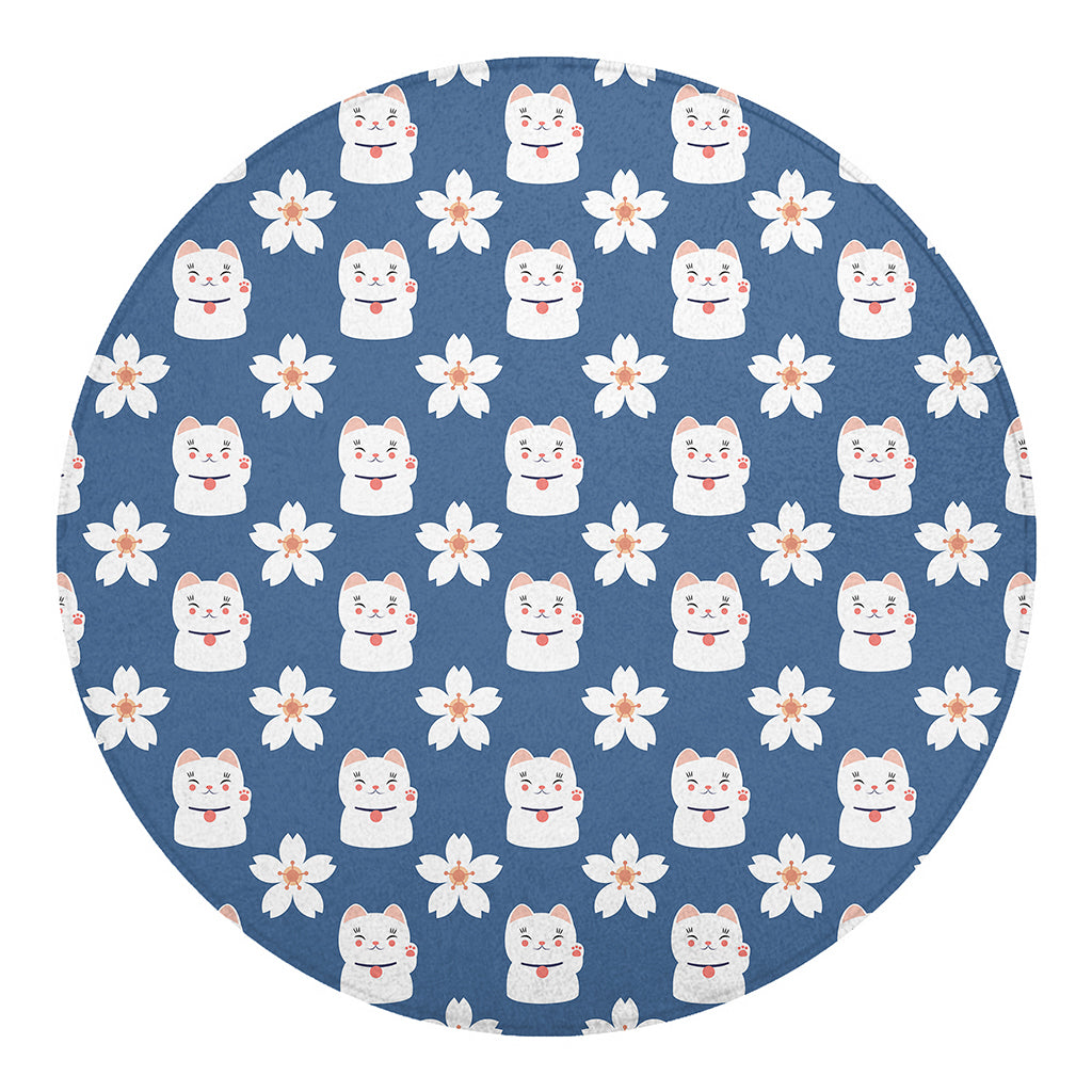 Japanese Lucky Cat And Sakura Print Round Blanket