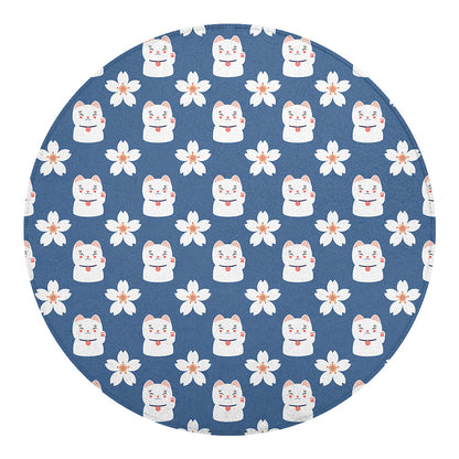 Japanese Lucky Cat And Sakura Print Round Blanket