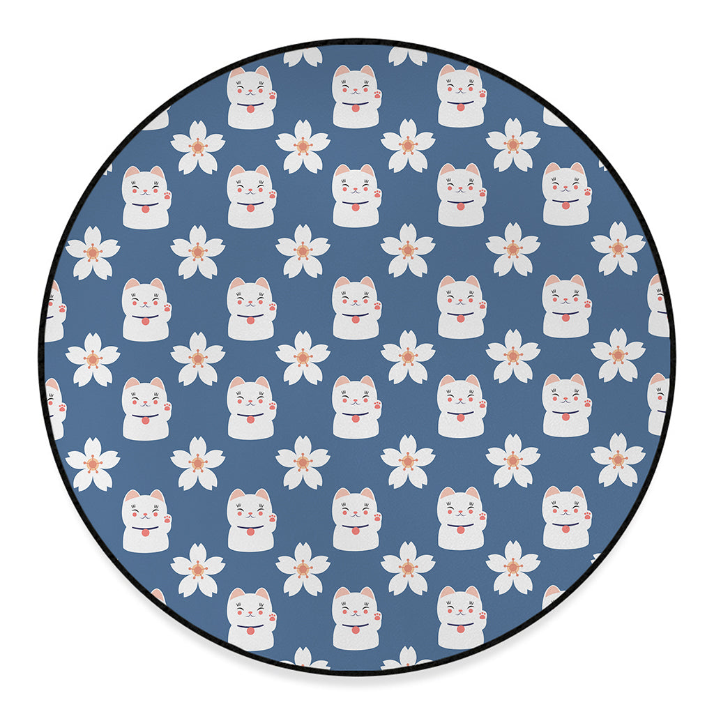 Japanese Lucky Cat And Sakura Print Round Floor Mat