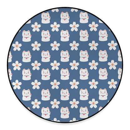 Japanese Lucky Cat And Sakura Print Round Floor Mat