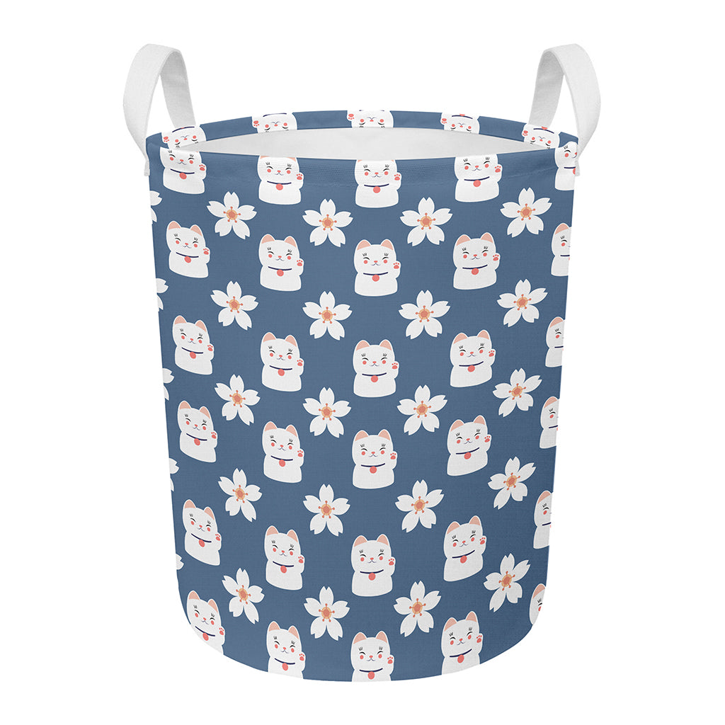 Japanese Lucky Cat And Sakura Print Round Laundry Basket
