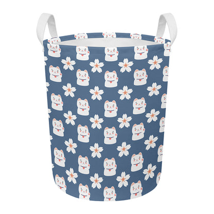 Japanese Lucky Cat And Sakura Print Round Laundry Basket