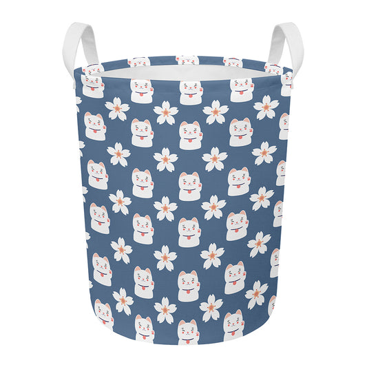 Japanese Lucky Cat And Sakura Print Round Laundry Basket
