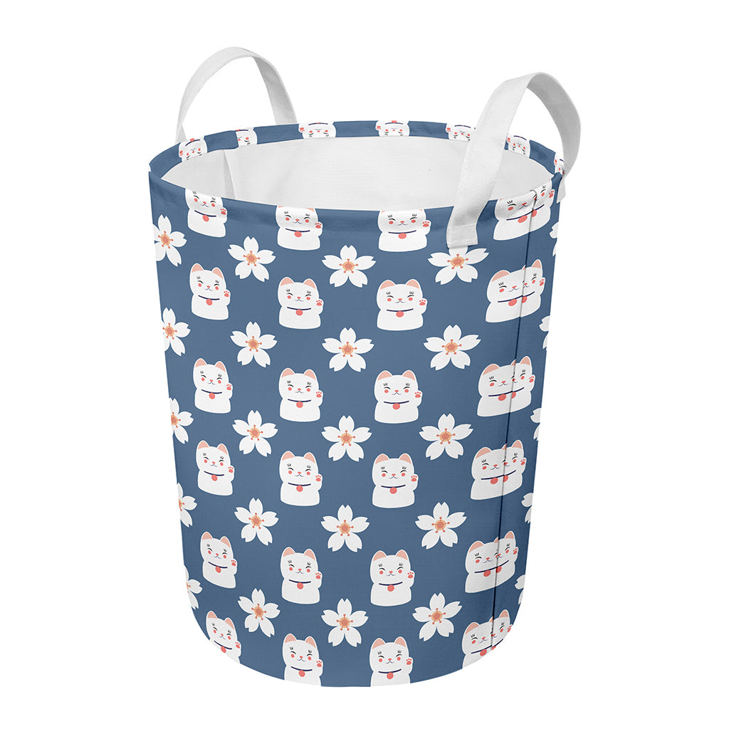 Japanese Lucky Cat And Sakura Print Round Laundry Basket