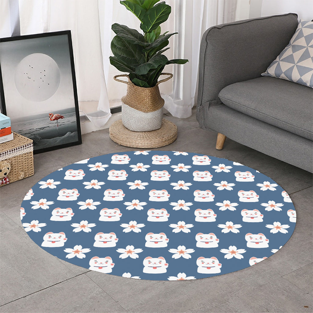 Japanese Lucky Cat And Sakura Print Round Rug