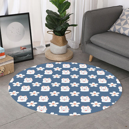 Japanese Lucky Cat And Sakura Print Round Rug