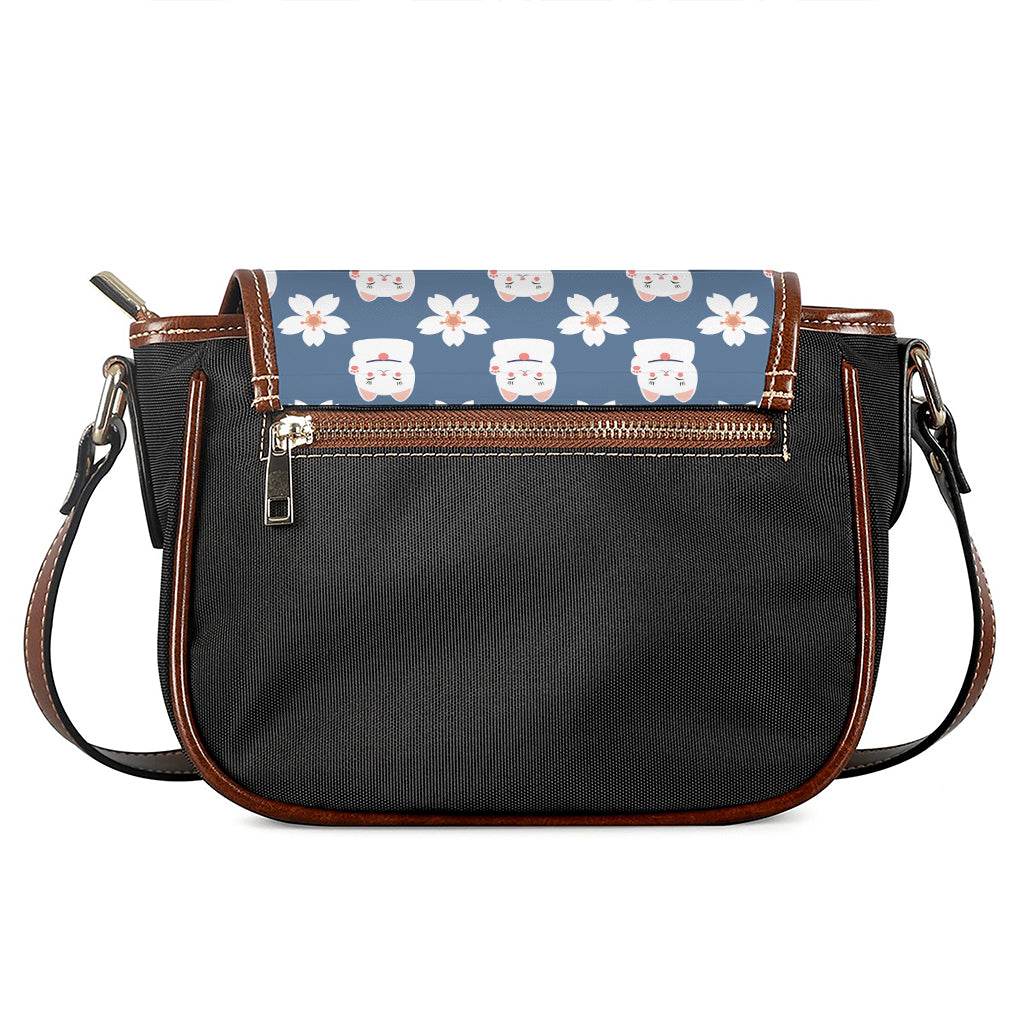 Japanese Lucky Cat And Sakura Print Saddle Bag