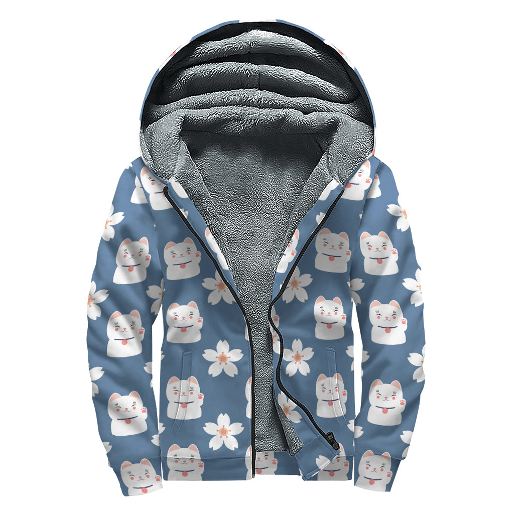Japanese Lucky Cat And Sakura Print Sherpa Lined Zip Up Hoodie