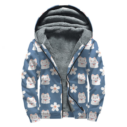 Japanese Lucky Cat And Sakura Print Sherpa Lined Zip Up Hoodie
