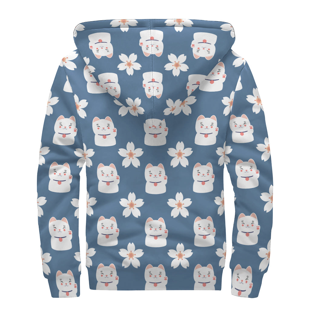 Japanese Lucky Cat And Sakura Print Sherpa Lined Zip Up Hoodie