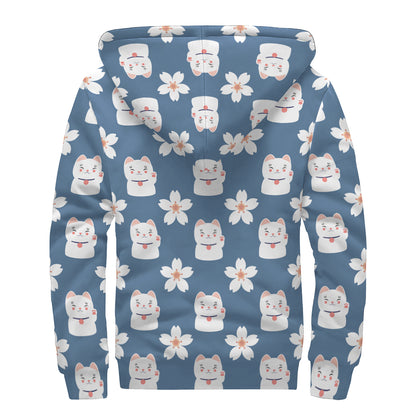 Japanese Lucky Cat And Sakura Print Sherpa Lined Zip Up Hoodie