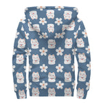 Japanese Lucky Cat And Sakura Print Sherpa Lined Zip Up Hoodie
