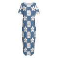Japanese Lucky Cat And Sakura Print Short Sleeve Long Nightdress